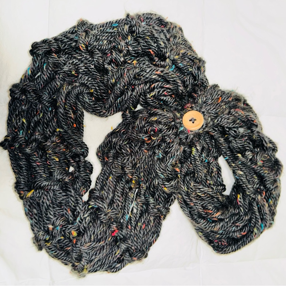 Chunky Multi-Color Handmade Knit Scarf Hood with Button Accent